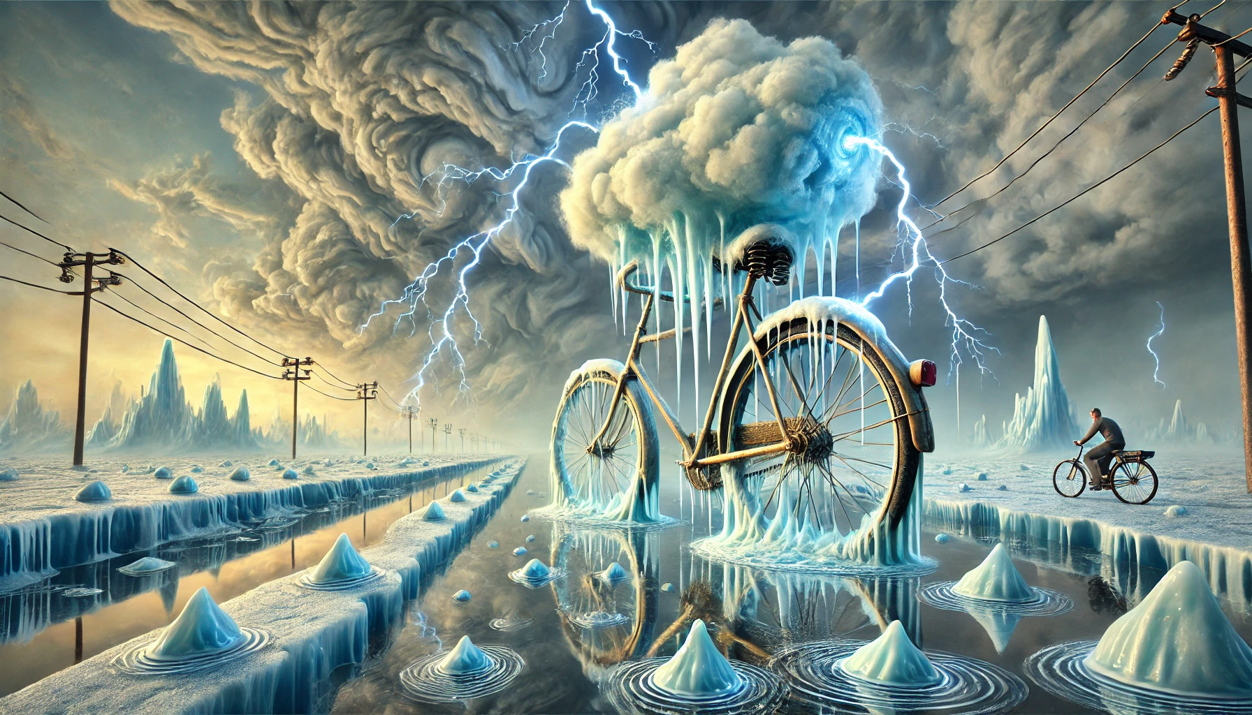 A dreamlike landscape featuring a melting bicycle with lightning bolt handlebars and ice cube wheels in a surreal setting