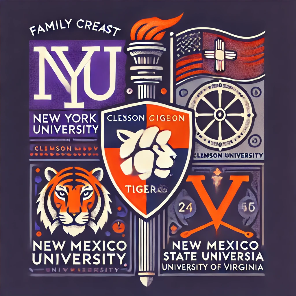 A heraldic crest combining distinctive elements from four universities: New York University, Clemson University, New Mexico State University, and University of Virginia