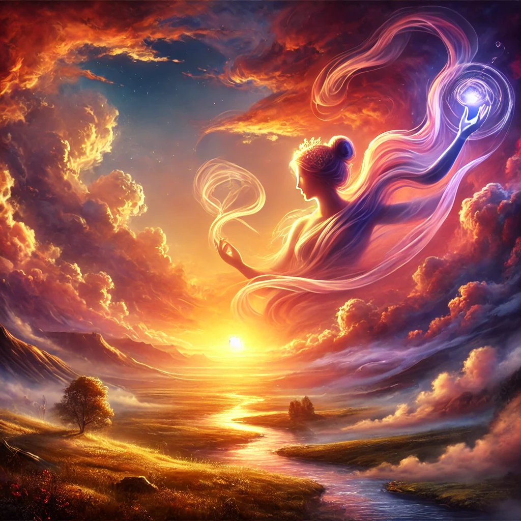 A breathtaking morning sunrise scene with mythological elements depicting themes of fate and change