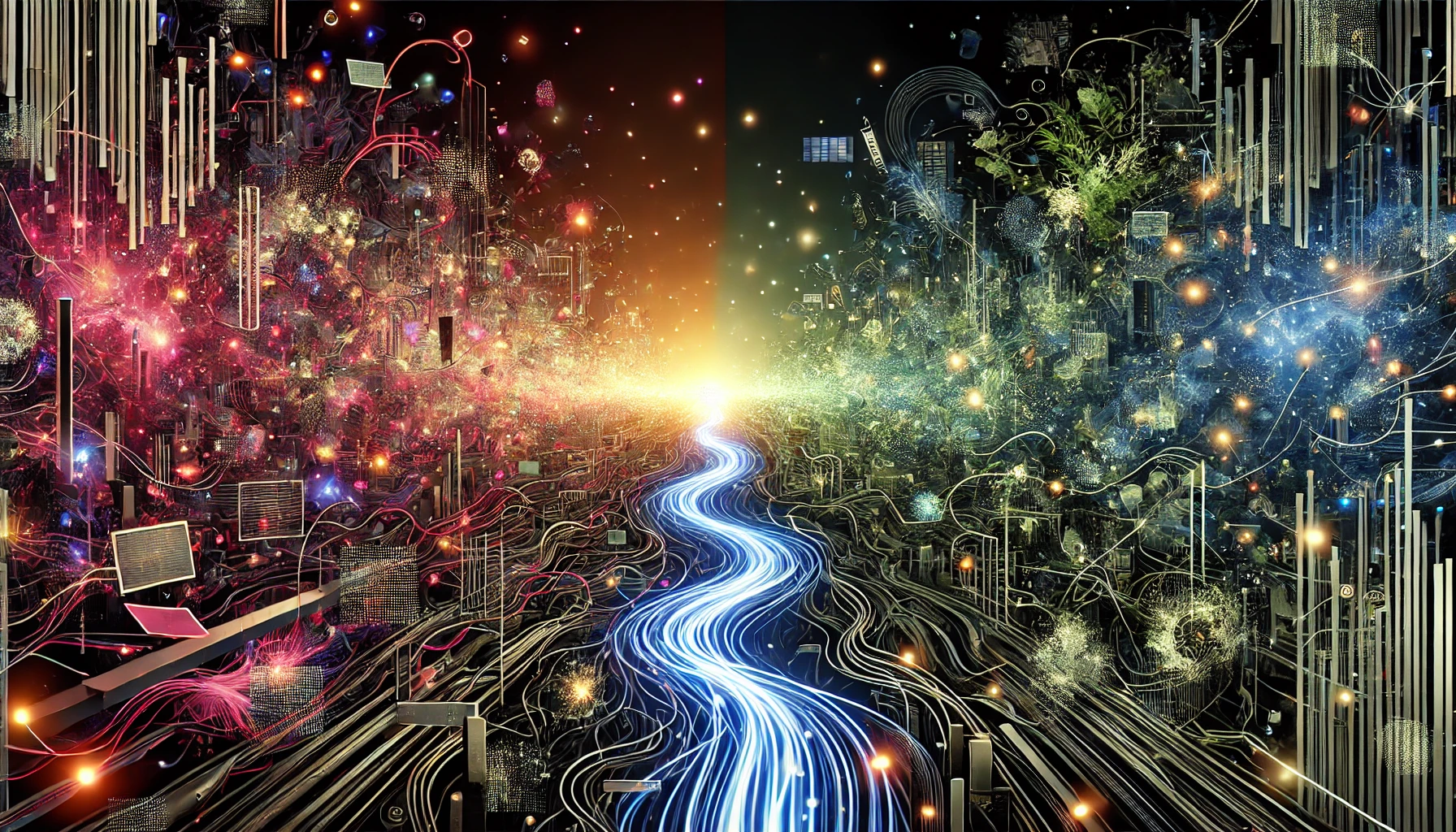 A professional illustration showing chaos through digital and cyber-themed abstract elements