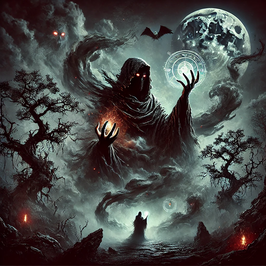 An artistic depiction of a dark scene titled 'The Curse' featuring a mysterious cloaked figure in shadows