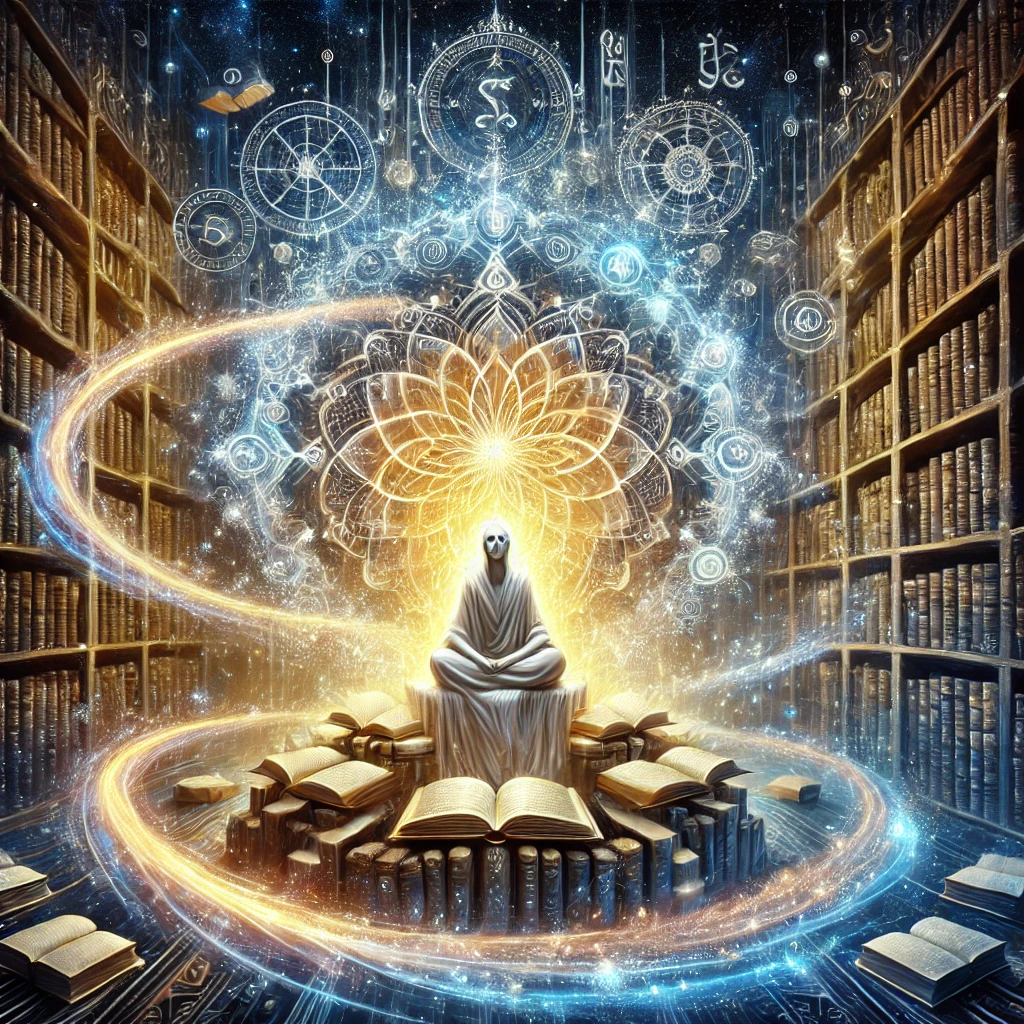 An artistic representation of 'Knowledge' showing a wise figure among glowing books and streams of light