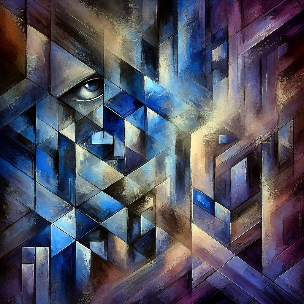 A cubist oil painting featuring geometric shapes in dark blue, royal blue, and deep purple