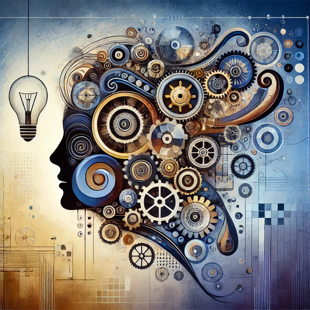 A symbolic portrait combining elements of technology, art, and leadership in a modern composition