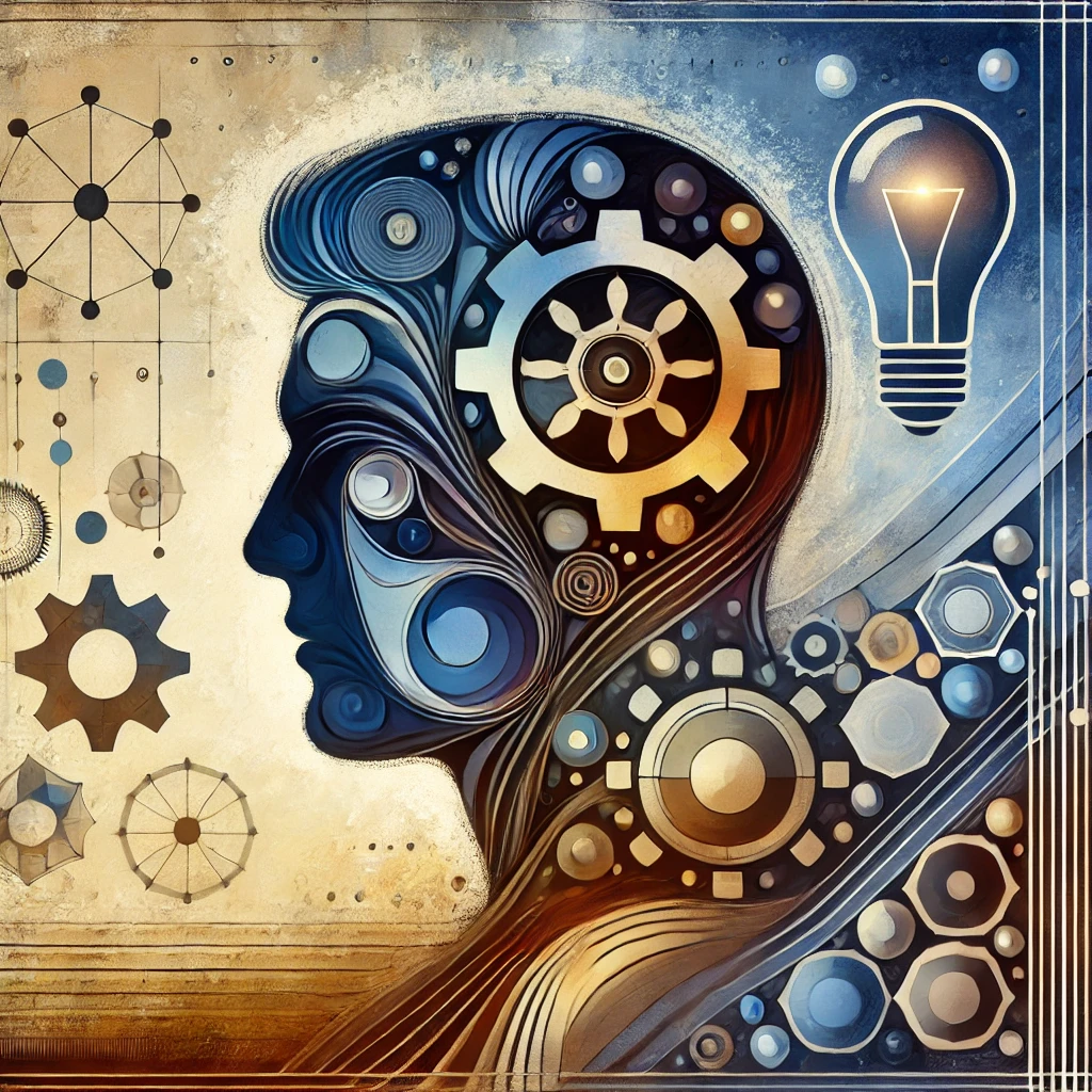 A symbolic portrait with masculine silhouette featuring themes of technology, art, and leadership
