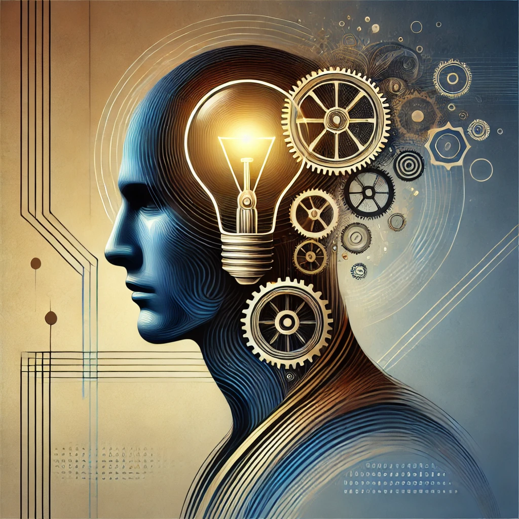 A symbolic masculine portrait with prominent light bulb and mechanical gears inside the head