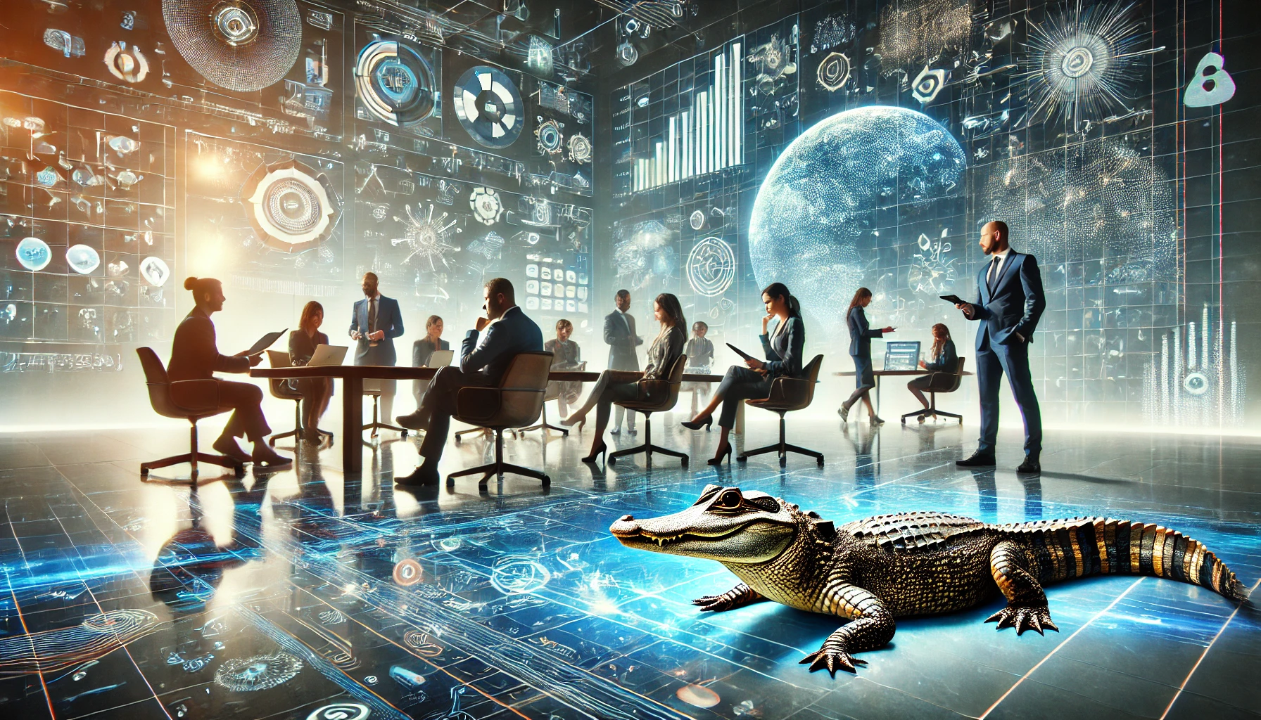 A futuristic business setting showing a diverse team using cutting-edge technology with a calm alligator in the corner