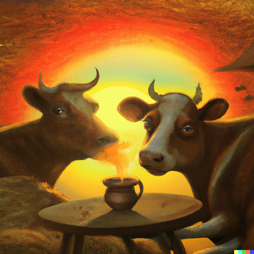 Another version of a renaissance painting showing two cows having tea at sunrise