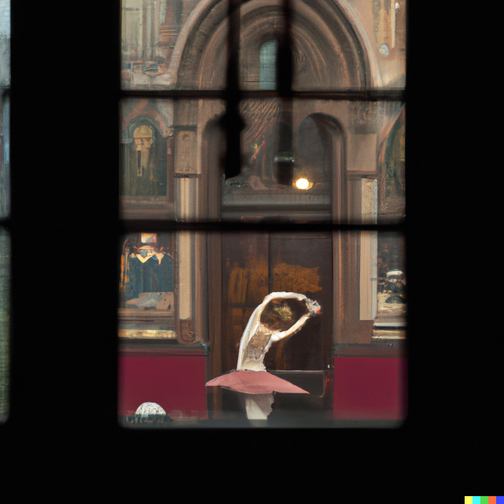 A renaissance-style painting showing a ballet dancer viewed through a church window