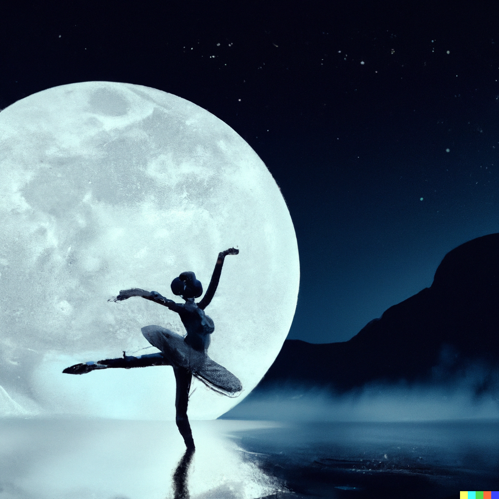 Digital artwork depicting a ballet dancer performing on a lake surface with a giant moon in the background
