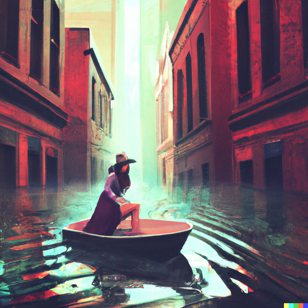Digital artwork showing a woman in a boat navigating through a flooded city street