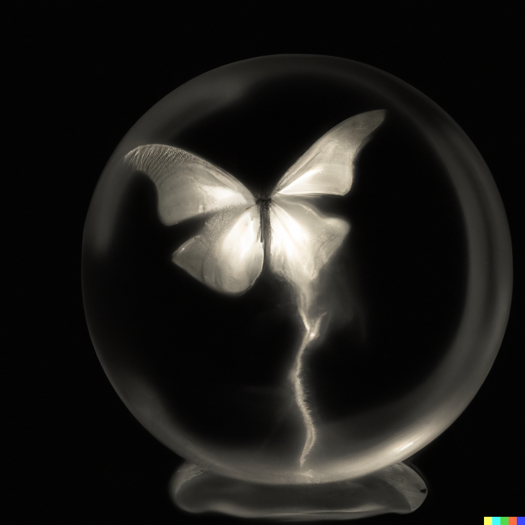 A translucent globe containing lightning that morphs into a butterfly, styled after Edward Steichen