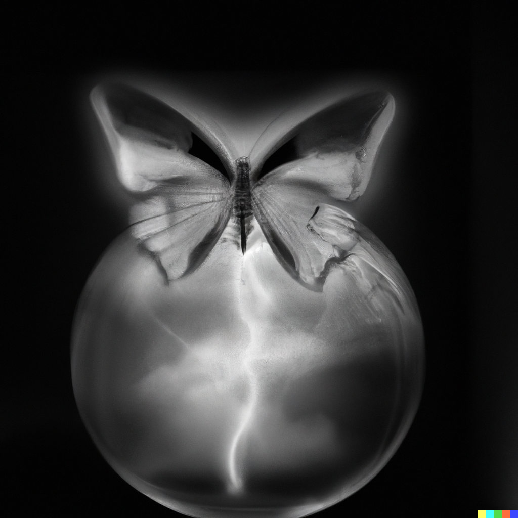 Another interpretation of a translucent globe with lightning transforming into a butterfly, in Edward Steichen's style
