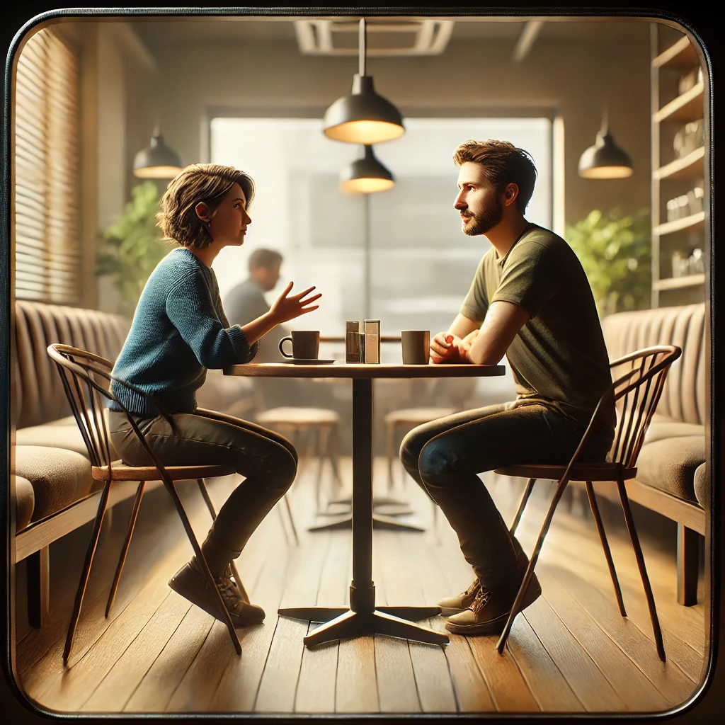 A photo-realistic image of two people having an earnest conversation across a small bistro table in a modern, cozy cafe setting