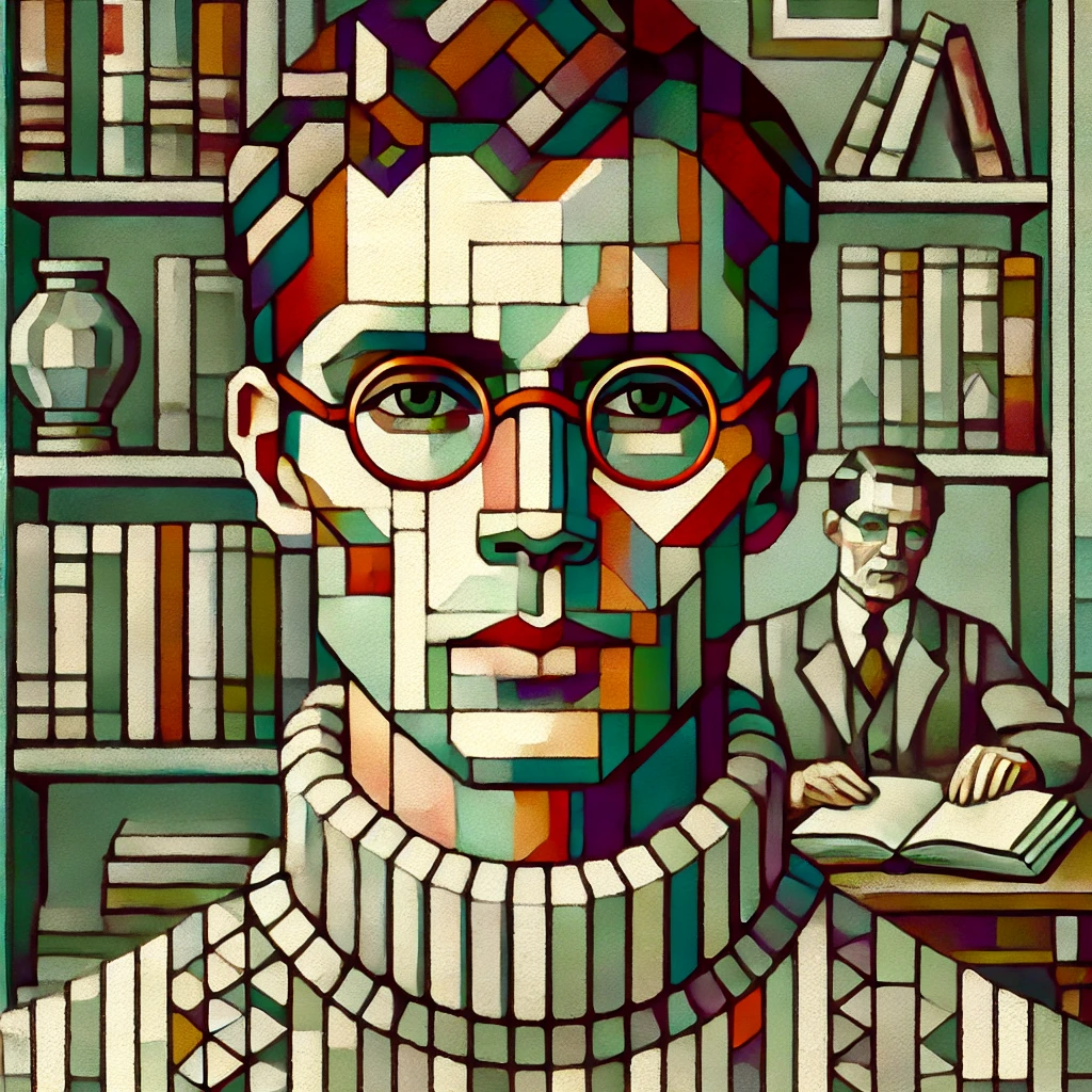 A cubist-style painting showing a fragmented representation of a man wearing glasses and a sweater, positioned in front of a bookshelf